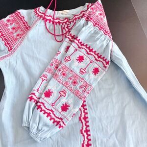 Peasant top light denim embroidered small lantern sleeves buttonup blouse women